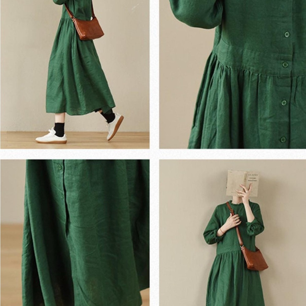NWT Simpson Gardens Oversized Elegant Green Linen Midi Dress Med - Picture 1 of 5